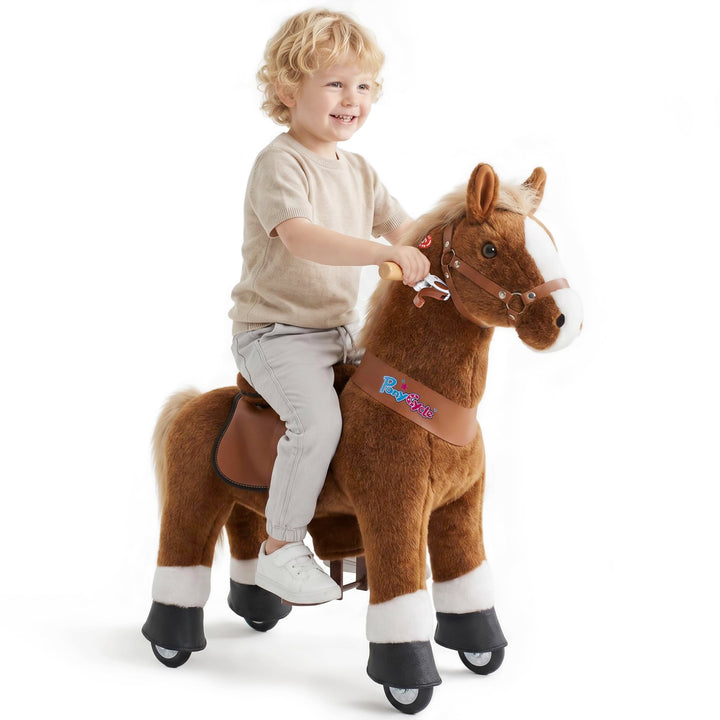 PonyCycle Pferd zum reiten, für Kinder 3–4 Jahre, 76cm Hoch, Reitpferd auf Rollen mit Handbremse und