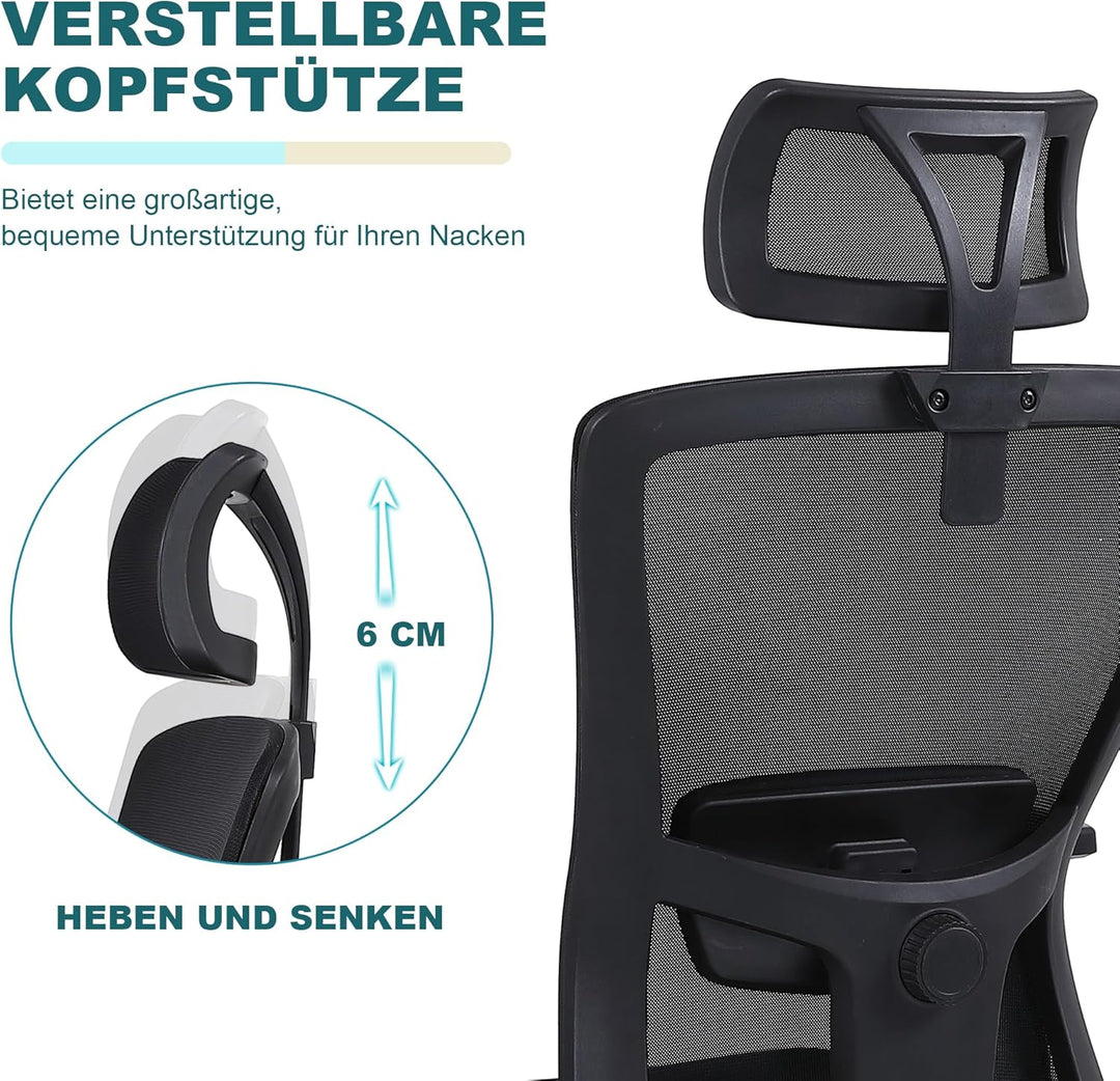 Youhauchair Bürostuhl Ergonomisch, Schreibtischstuhl mit Verstellbarer Kopfstütze und Armlehnen, Off
