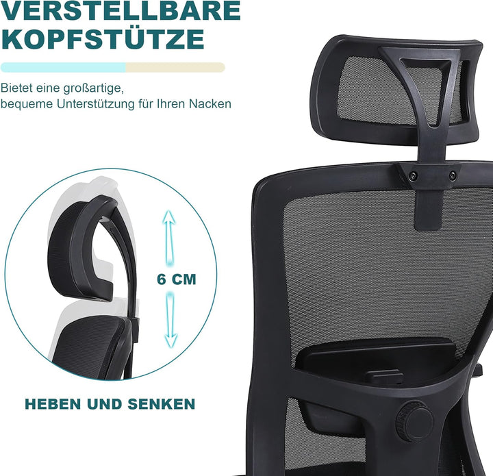 Youhauchair Bürostuhl Ergonomisch, Schreibtischstuhl mit Verstellbarer Kopfstütze und Armlehnen, Off