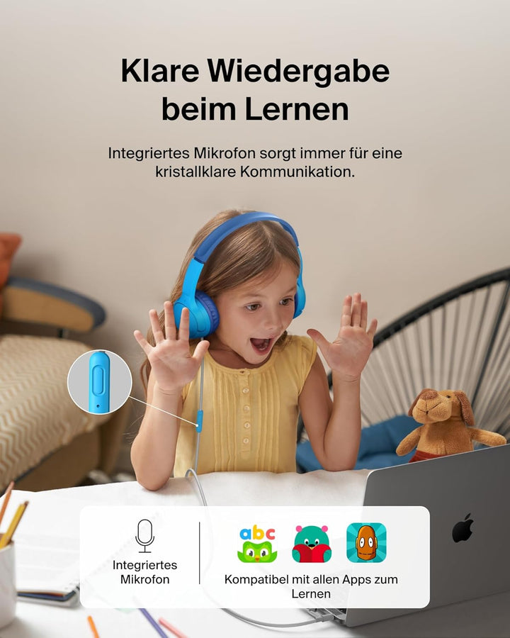 Belkin SoundForm Kopfhörer Kinder mit Kabel, USB-C auf 3,5-mm-Klinken Dongle, integriertes Mikrofon,