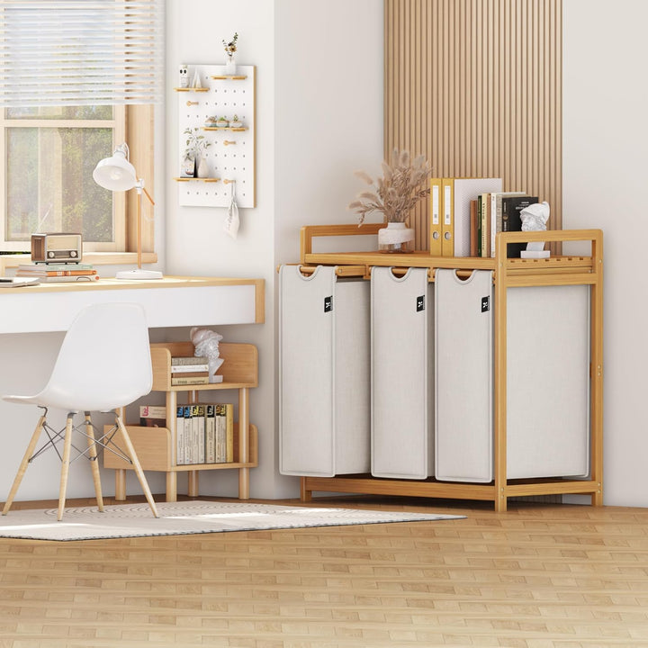 AdelDream Wäschekorb mit Bambusrahmen 150L 3 Fächer Bambus Wäschesammler laundry baskets Bogendesign