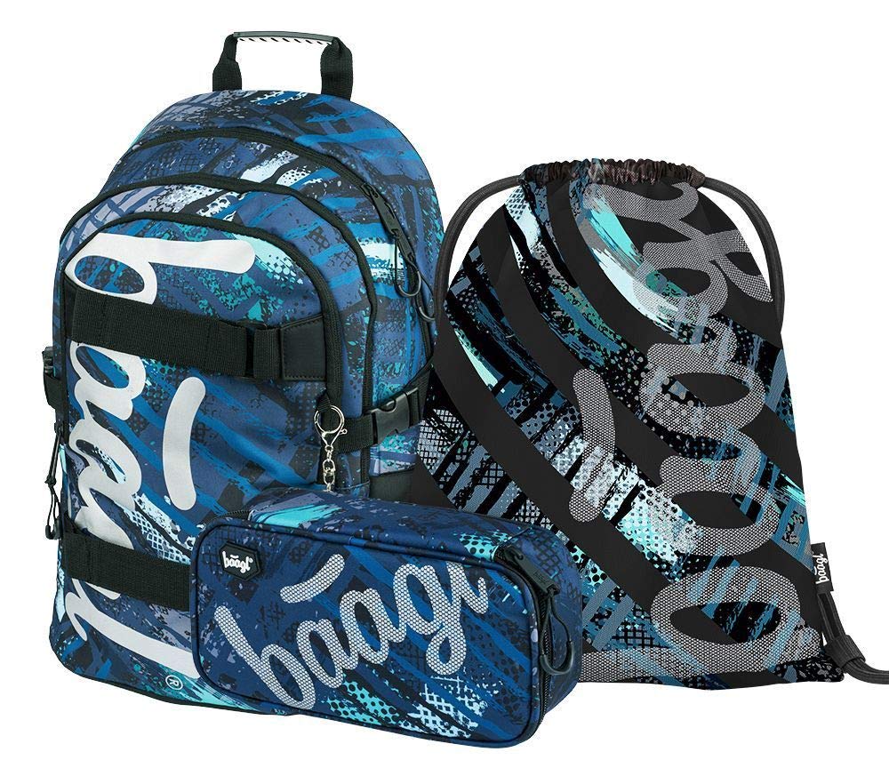 Baagl Schulrucksack Set Jungen 3 Teilig, Schultasche ab 3. Klasse, Grundschule Ranzen mit Brustgurt,