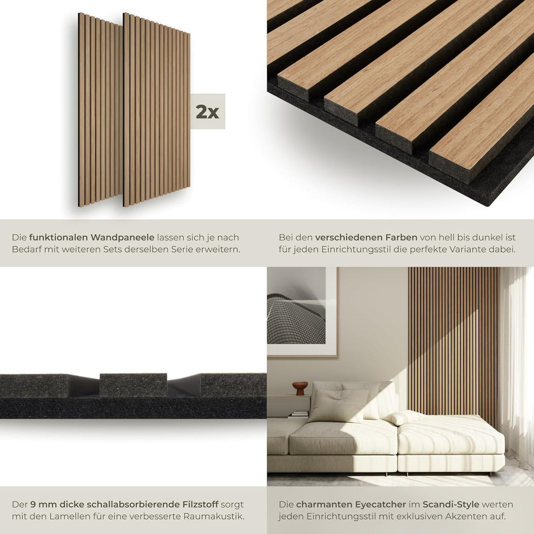 tectake® Akustikpaneele Echtholzfurnier 2er Set, Schallschutz, MDF Schallabsorber für Wand, Schalldä