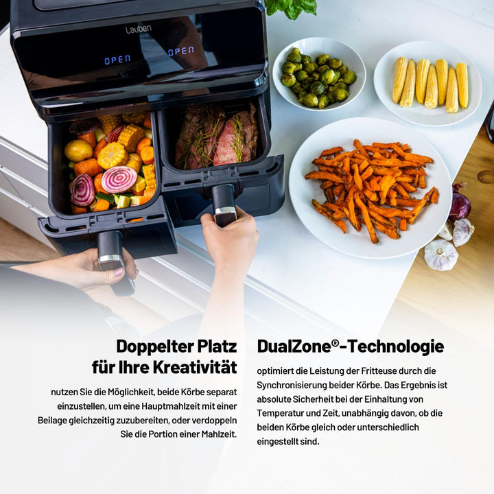 Lauben DualZone® Heissluftfritteuse 8000BC Air Fryer mit zwei Körben, Gesamtvolumen 8l, individuelle
