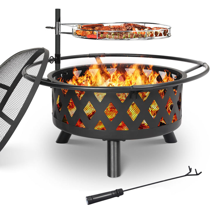 Feuerschale mit Drehbarem Grillrost, Feuerschale Gross, Feuerschalen für den Garten mit Funkenschutz
