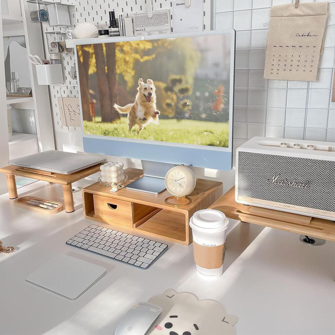 ROCDEER Bamboo Dual Monitor Regal für 2 Monitore, Monitor Stand Riser, darunter Lagerung für Schreib