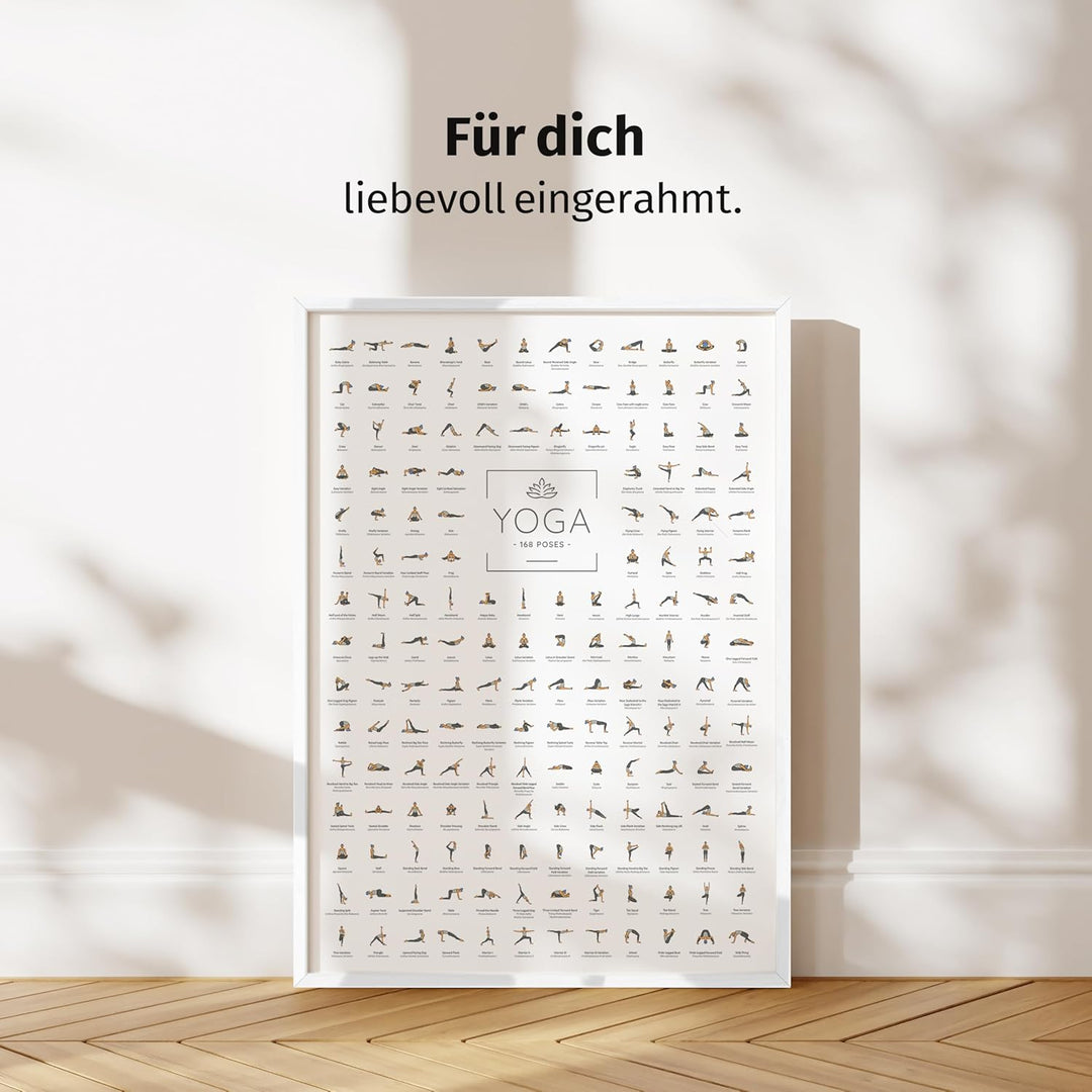 JUNOMI® Yoga Poster 50x70 cm mit Rahmen Weiss, Yoga Zubehör für Studios und Übungen Zuhause, geeigne