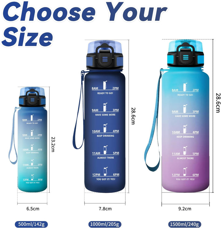 Sportflasche 1L, Auslaufsicher Wasserflasche Kohlensäure Geeignet, Trinkflasche mit Zeitmarkierung,
