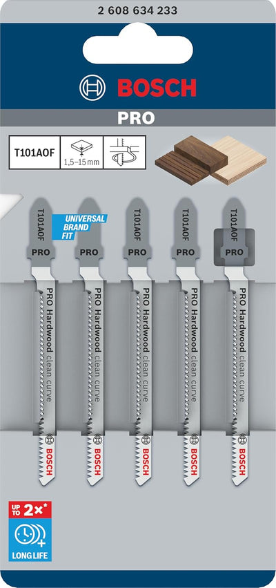 Bosch 5x Stichsägeblatt T 101 AOF Clean for Hard Wood (für Laminat, Kurvenschnitt, Professional Zube