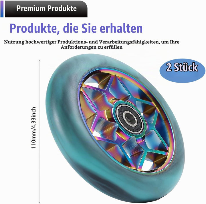 2 Stück Stunt Scooter Rollen 110mm, Scooter Ersatzräder 88A mit ABEC-9 Kugellager, Aluminium Speiche