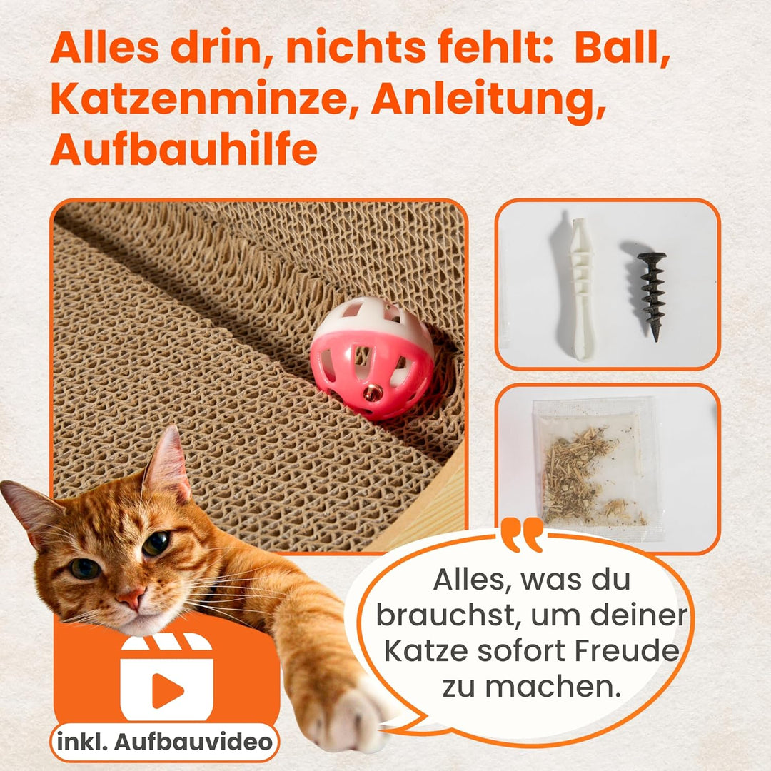 XXL Kratzbrett Katze 70 cm L-förmige Kratzpappe mit Ballspielzeug und Katzenminze, widerstandsfähige