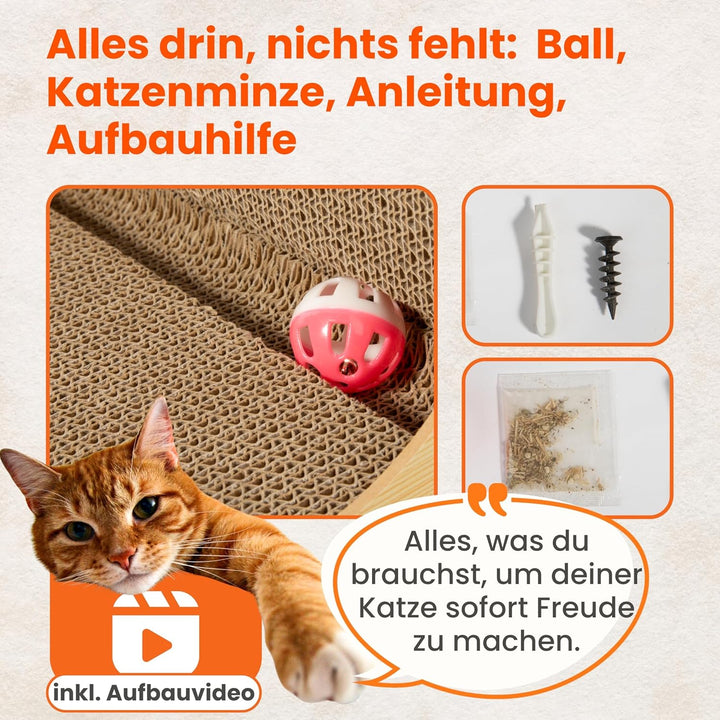 XXL Kratzbrett Katze 70 cm L-förmige Kratzpappe mit Ballspielzeug und Katzenminze, widerstandsfähige