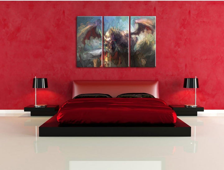 Pixxprint der Drache auf der Festung Kunst / 3-Teilig/Gesamtmass 120cm Leinwandbild bespannt auf Hol