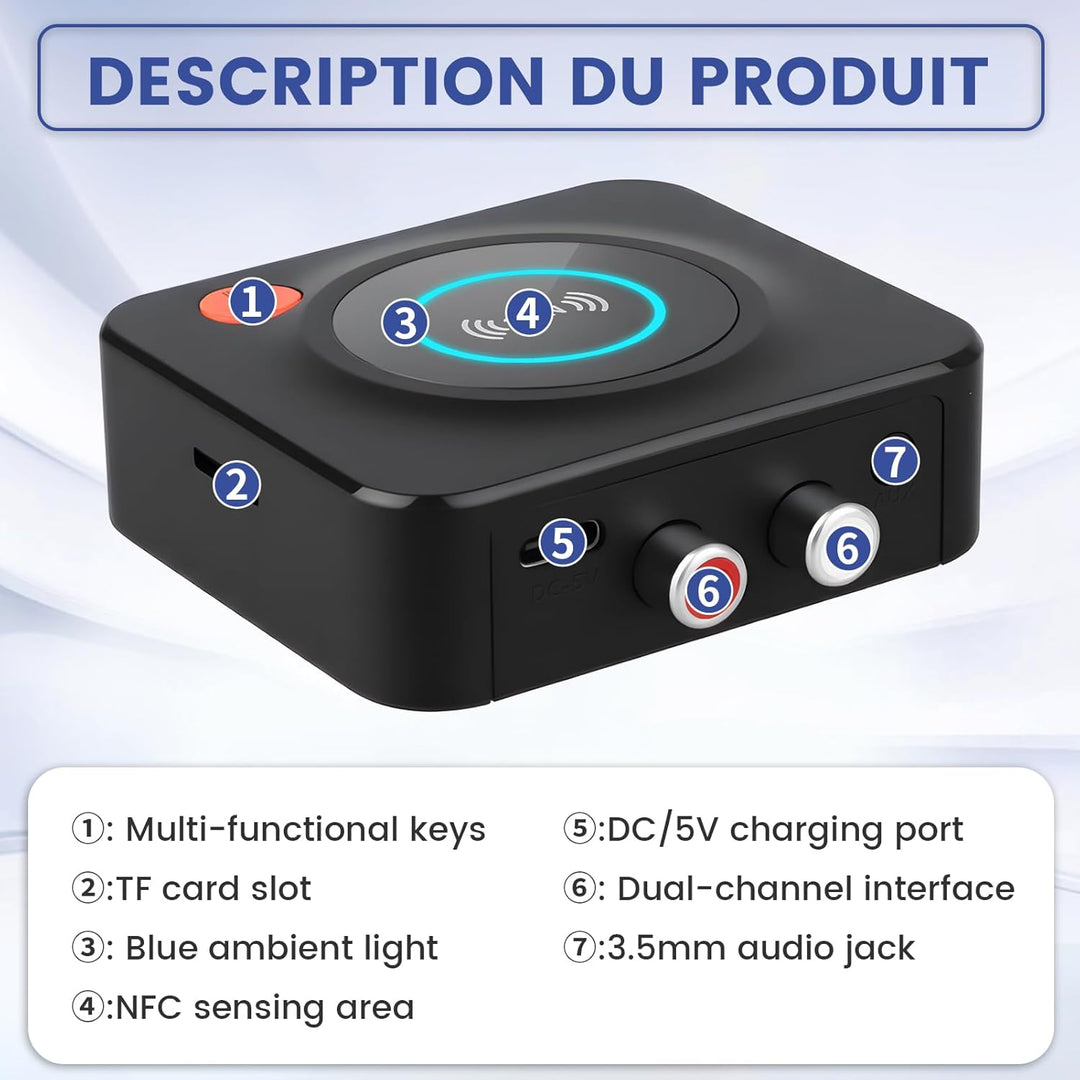 Bluetooth 5.1 Receiver mit AUX 3,5mm und RCA Adapter, Wireless Audio Empfänger für Stereoanlage und