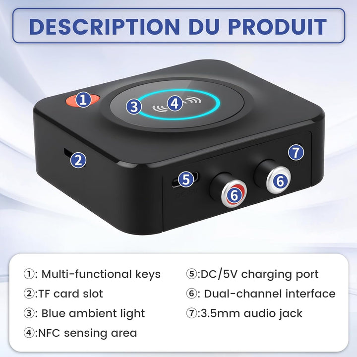 Bluetooth 5.1 Receiver mit AUX 3,5mm und RCA Adapter, Wireless Audio Empfänger für Stereoanlage und