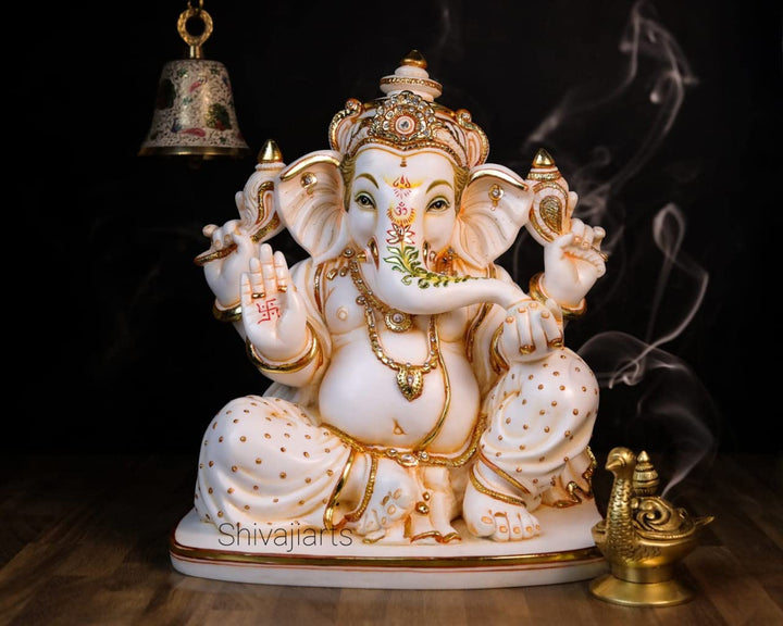 SHIVAJI ARTS Grosse Ganesha-Statue mit Gemälde, 36 cm, gross, handbemalt, Zuchtmarmor, Ganesha-Idol,