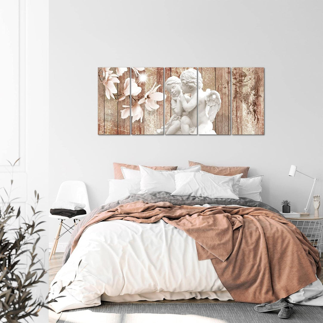 Runa Art Wandbild XXL Engel Blumen Wohnzimmer Schlafzimmer 200 x 80 cm Braun 5 Teilig - Made in Germ