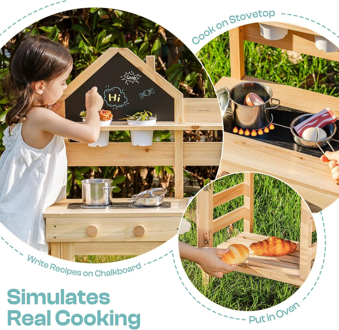 ROBUD Matschküche für Kinder Outdoor, Kinderküche Holz mit Echtem Wasserhahn & Wassertank, Gartenger