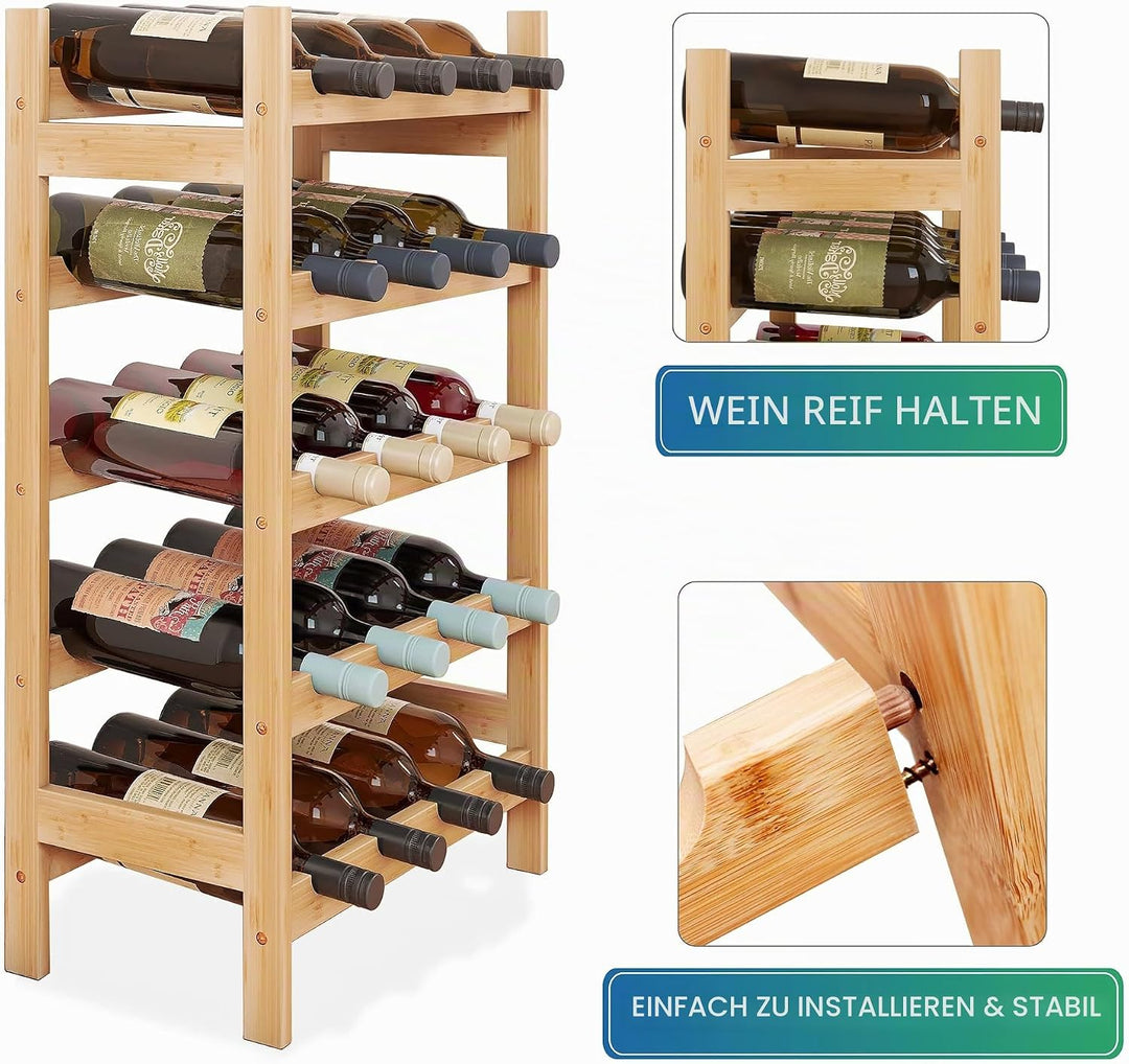 SMIBUY Bambus-Weinregal, 20 Flaschen-Display-Halter, 5-stöckige freistehende Lagerregale für Küche,