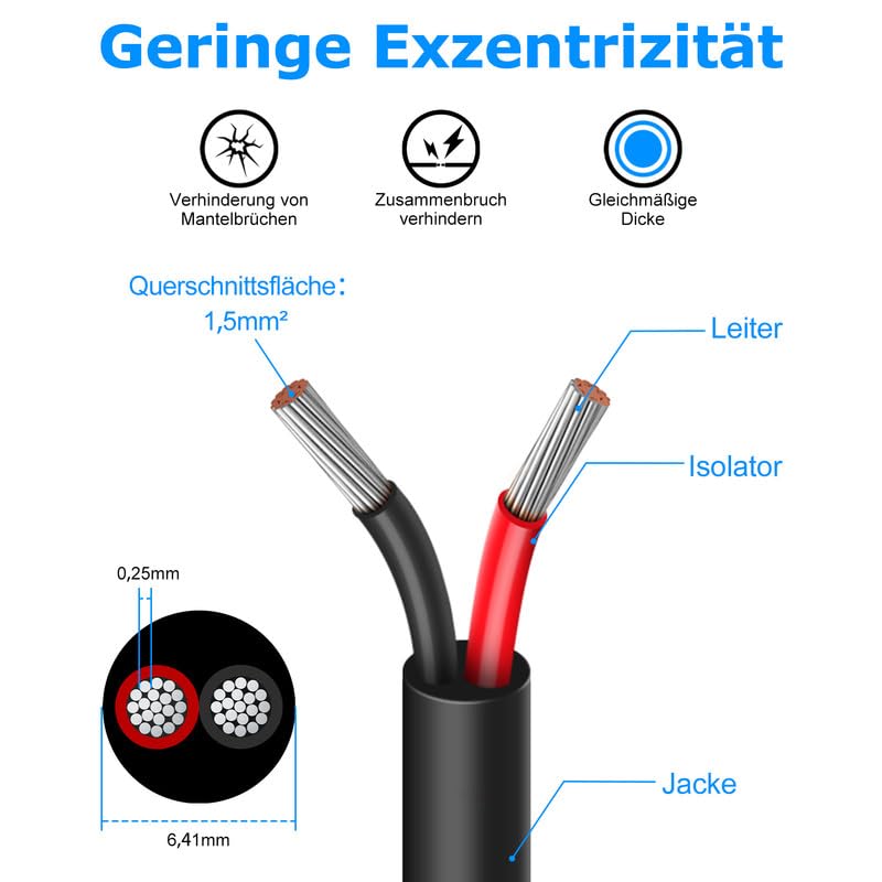 30 Meter 16AWG 2x1,5mm² Elektrischer Draht, 2 Adrig Kabel 5V/12V/24V Stromkabel Verzinntes Kupferkab