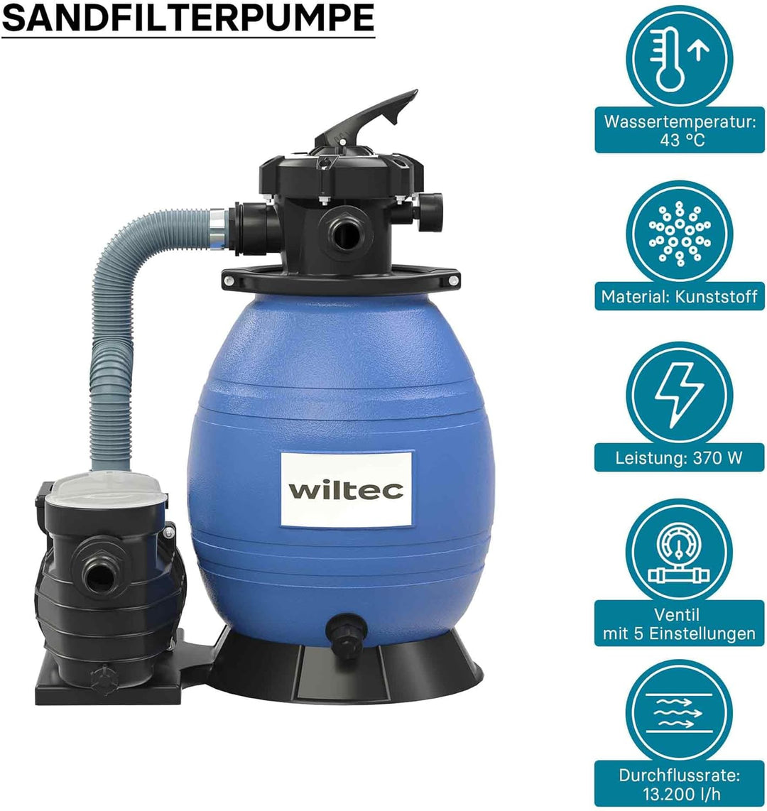 Wiltec Sandfilteranlage 370 W mit 26l Filtertank und selbstansaugender Pumpe 13200 l/h, Sandfilterpu