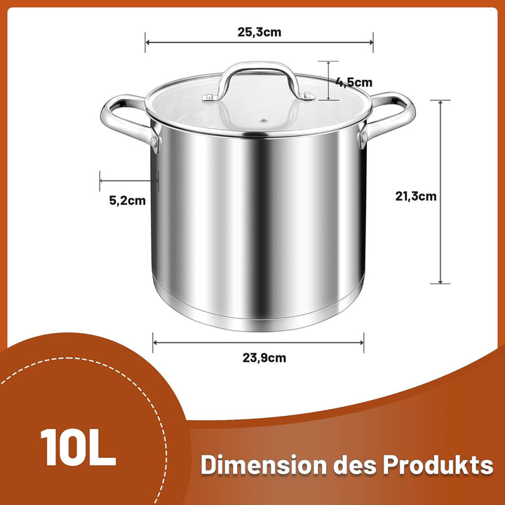 TEAMFAR Kochtopf 10L, Edelstahl Gross Topf Nudeltopf Induktion mit 3-Lagen Boden für alle Herdarten,