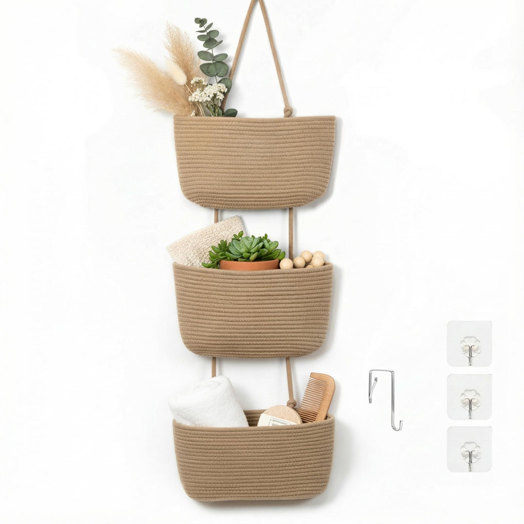danpinera Aufbewahrungskörbe, 3-stöckige Baumwollseilkörbe mit Knopfriemen über der Tür, Wandorganiz