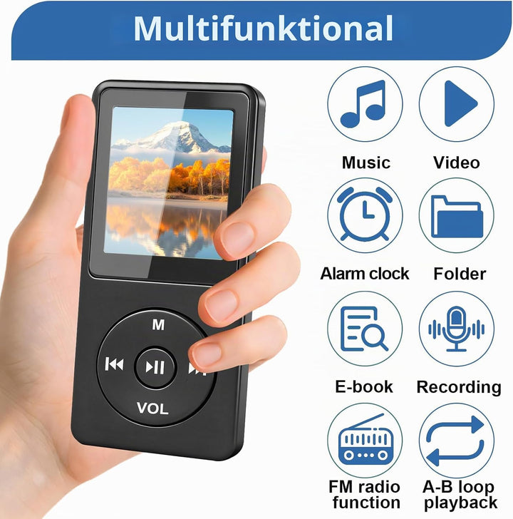 MP3 Player Bluetooth 5.3 64 GB mit 1,8 Zoll TFT Farbdisplay, HiFi Musik Player mit Lautsprecher, Kop