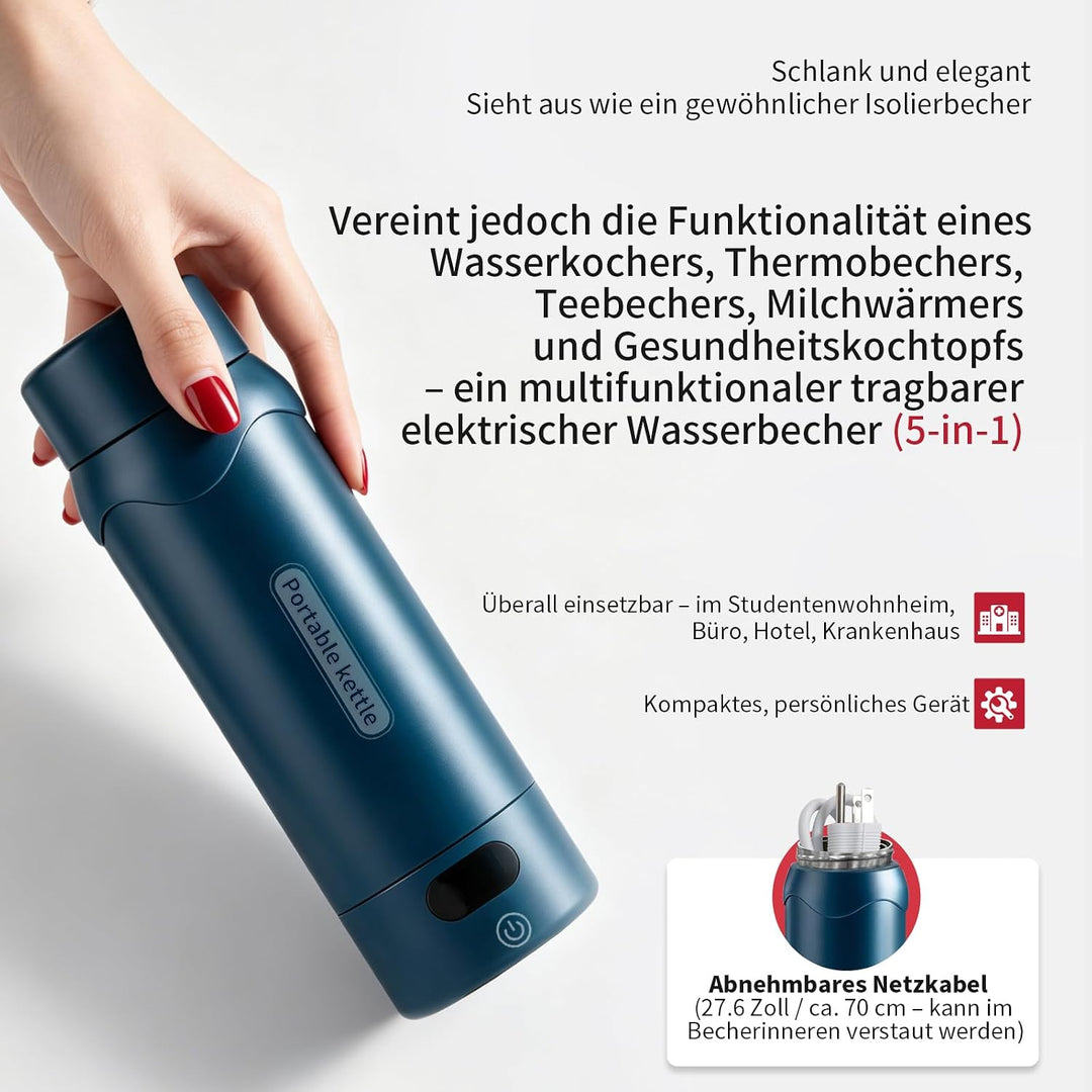Elektrischer Reisewasserkocher mit 4 Temperaturstufen, 450ml Mini Wasserkocher aus 304 Edelstahl &amp; V