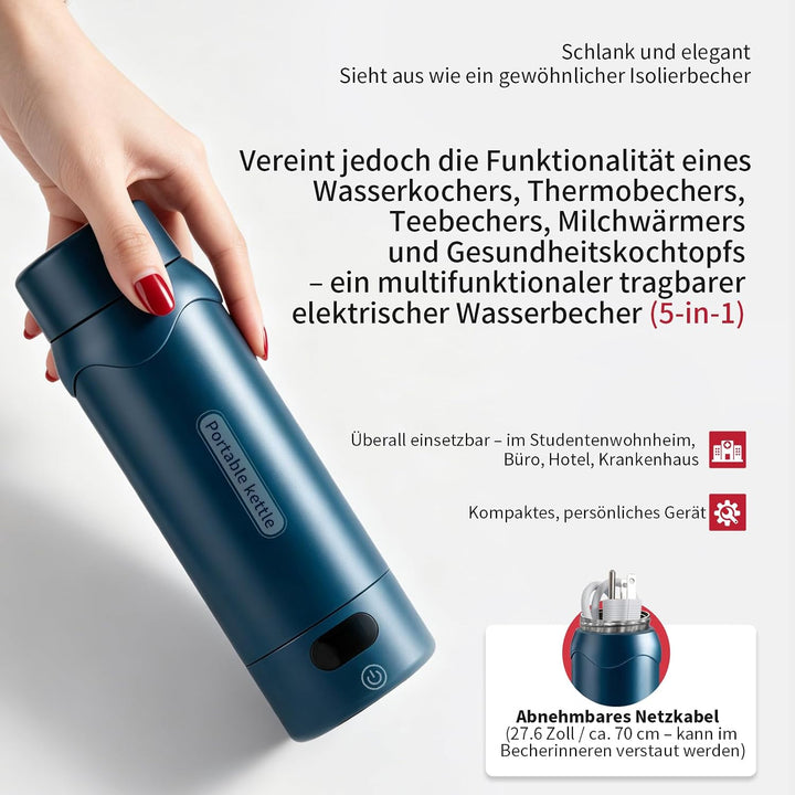 Elektrischer Reisewasserkocher mit 4 Temperaturstufen, 450ml Mini Wasserkocher aus 304 Edelstahl &amp; V