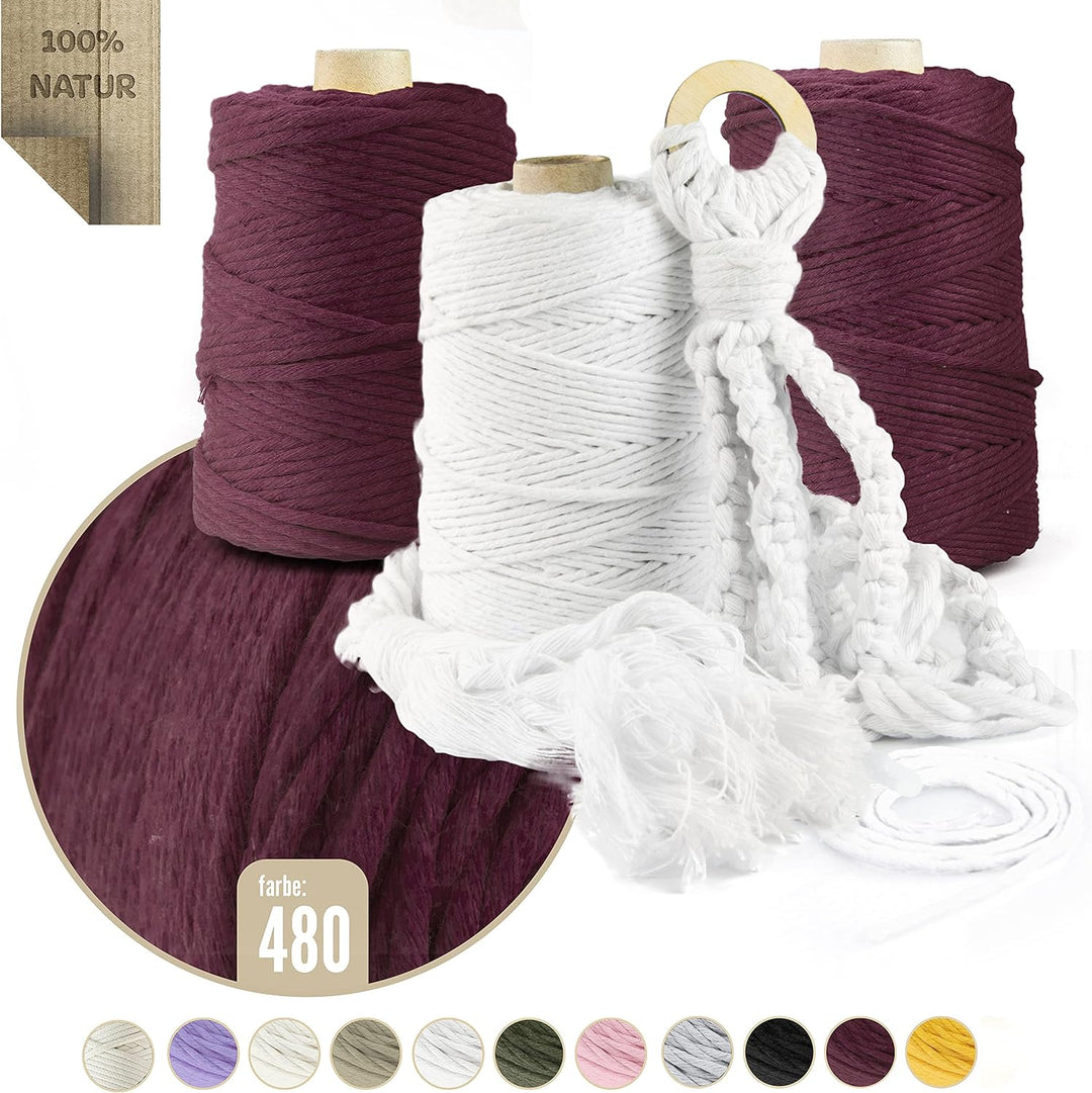 Seiletech.de Premium MAKRAMEE GARN | 300m | 5mm | Purpurfarbig | 100% Baumwolle | Kordel Natur | Bau