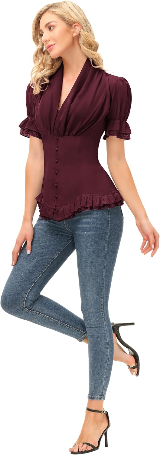 SCARLET DARKNESS Damen Rüschenbluse Mittelalter Spitzen Shirt Gothic Bluse | Kurzarm mit Rüsche, V-A