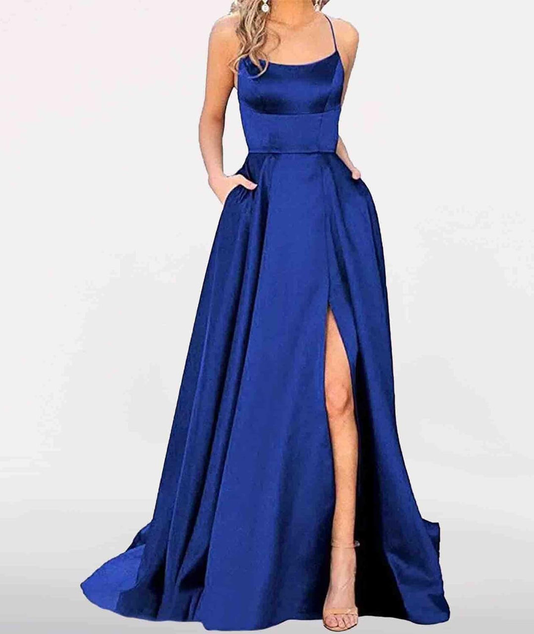xxxiticat Damen Elegant Lange Ballkleider mit Taschen Satin A-Linie Backless Hochzeitskleid Abendkle