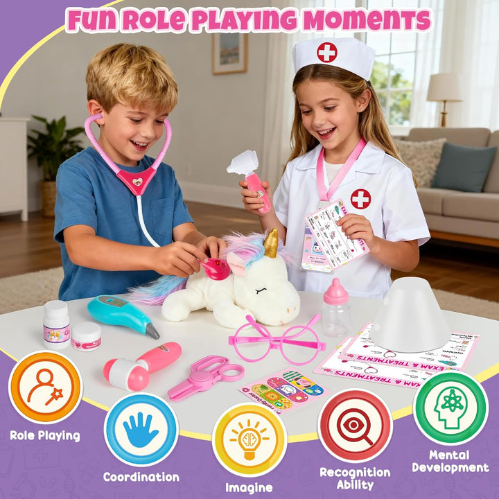 Kinder Arztkoffer, Tierarzt Spielzeug Set mit Plüsch Einhorn & Arztkittel, Rollenspiel für Kinder ab