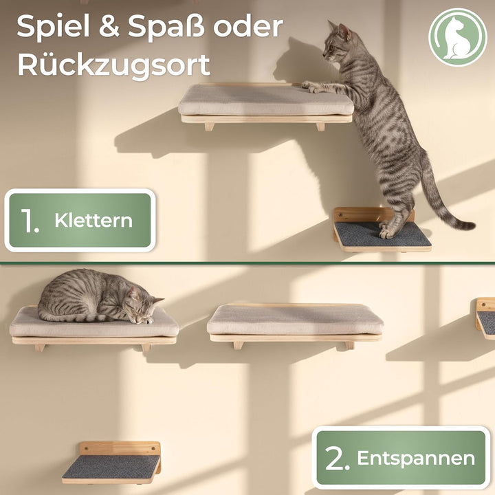 WOOWOOD® 2X Kletterwand Katzen - 3X Katzentreppe Wand [Beste Stabilität] - Kratzbaum Wand, Hängematt