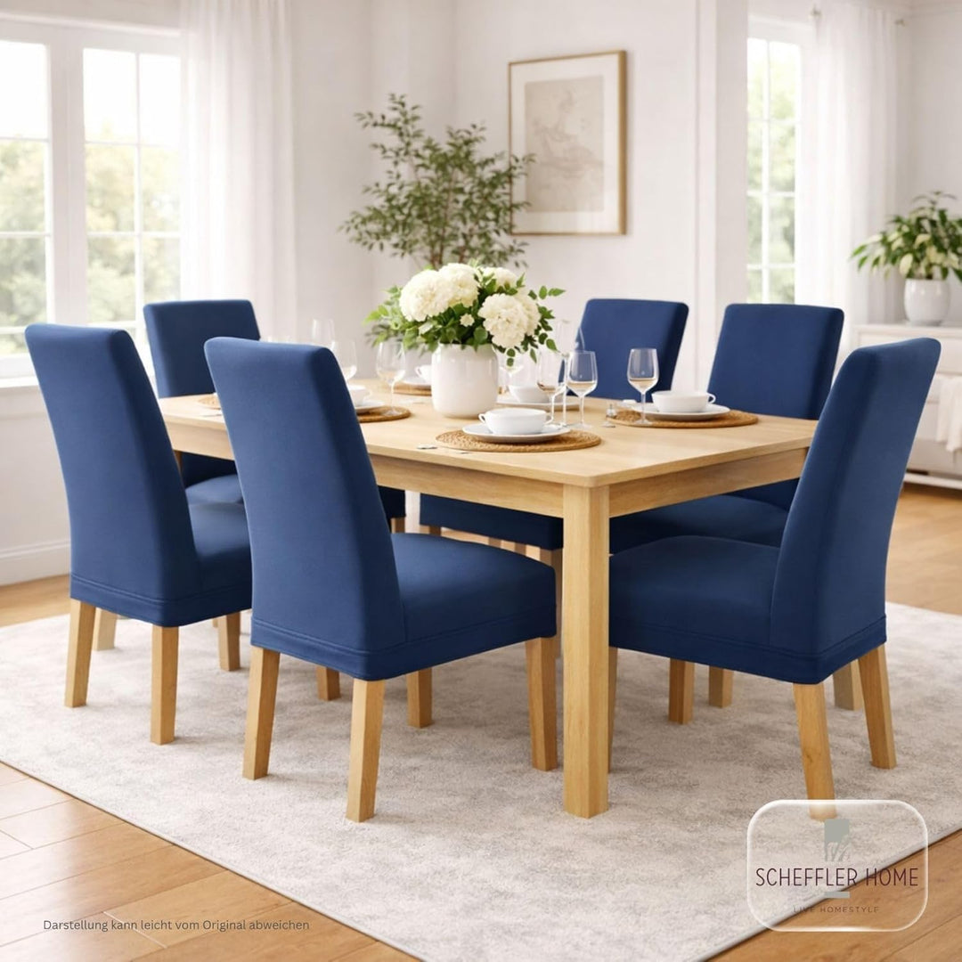 SCHEFFLER-Home Stuhlhussen 4er Set Lena Blau/elastische und langlebige Hussen für Stühle/Robustes Fr