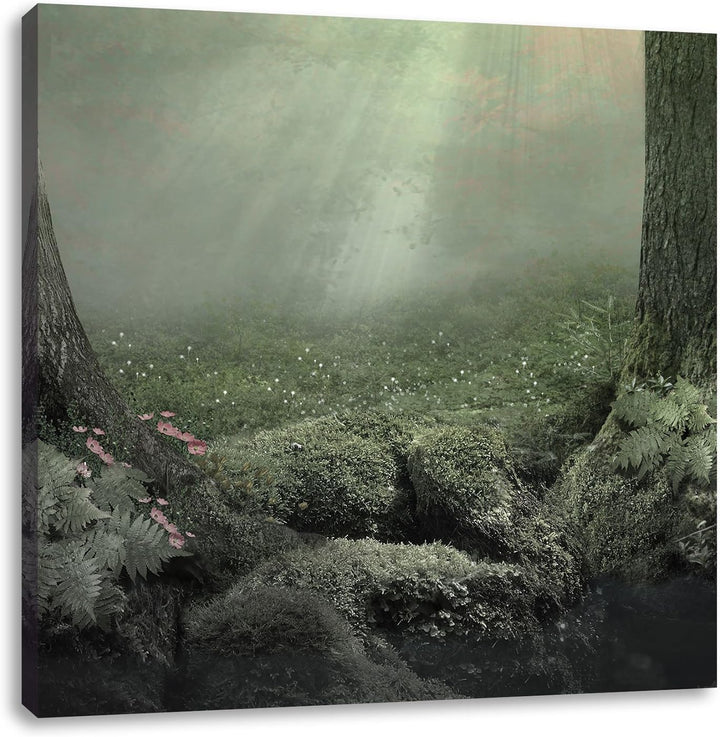 Pixxprint Märchenwald mit Schmetterling schwarz/weiss, Format: 70x70 auf Leinwand, 70x70