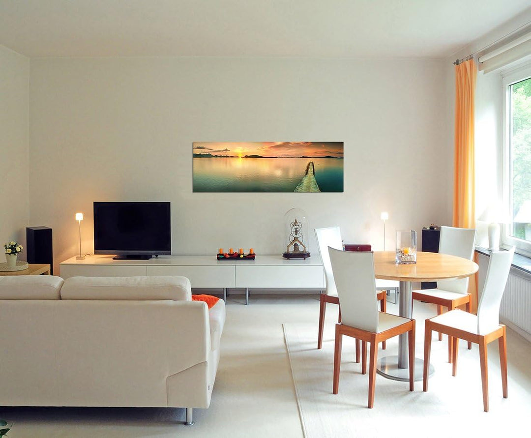 Paul Sinus Art Panoramabild auf Leinwand und Keilrahmen 150x50cm Meer Steg Sonnenuntergang