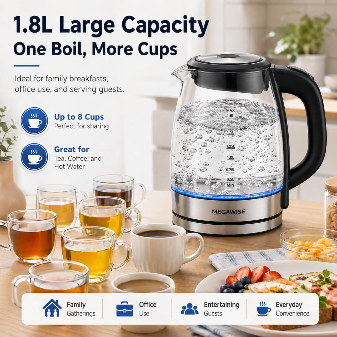 MegaWise Glas-Wasserkocher 1,8L, 1800W elektrischer Wasserkocher mit automatischer Abschaltung, Troc