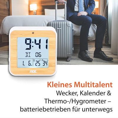 ADE Funkwecker digital mit Batterie | 2 Weckzeiten | Temperaturanzeige | Luftfeuchtigkeit | Gehäuse