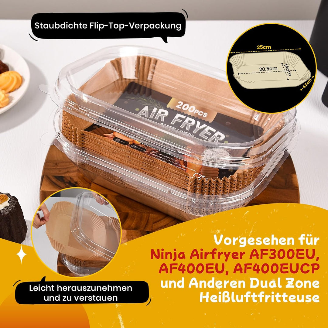 200 Stück Backpapier für Heissluftfritteuse mit Doppelkammer, 20,5x14CM Airfryer Backpapier für Ninj