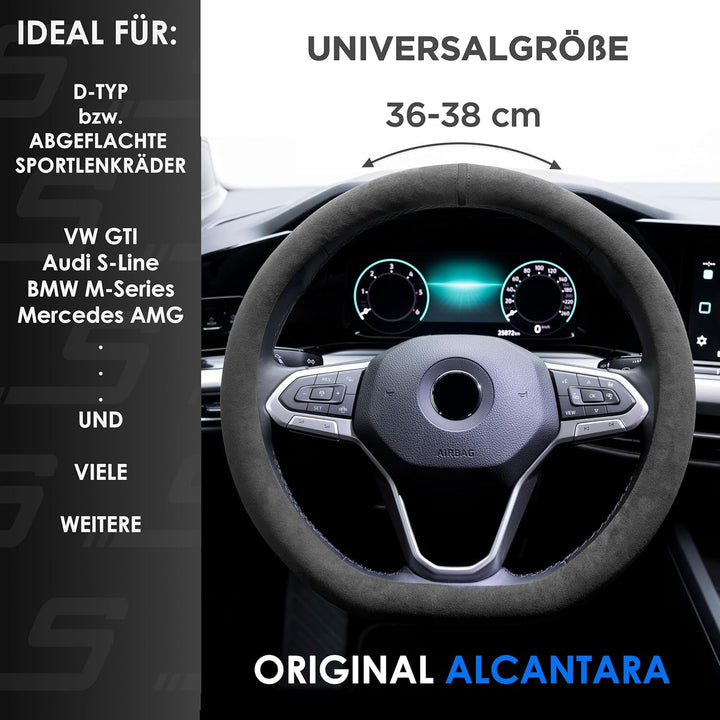 S-TETIC® Premium Lenkradbezug aus Alcantara | D-Form | Schwarze 12-Uhr Markierung | Universalgrösse