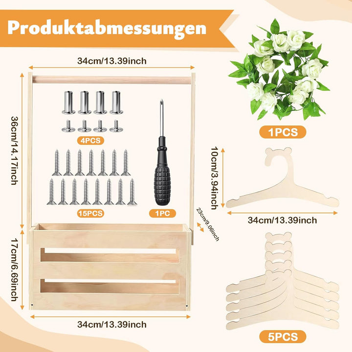 Babyparty Geschenk mit Holz | Praktischer Baby Aufbewahrungskorb mit 6 Holzhaken &amp; Kunstblumengirlan
