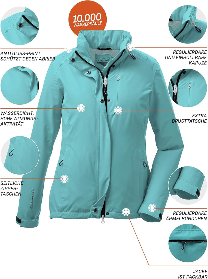 Killtec Damen Kos 25 Wmn Jckt Funktionsjacke mit einrollbarer Kapuze, packbar 38 aqua, 38 aqua