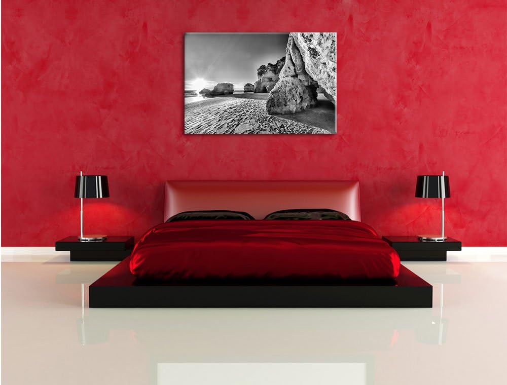 Pixxprint Monocrome, Sonnenuntergang an Felsen, Format: 100x70 auf Leinwand, 100x70
