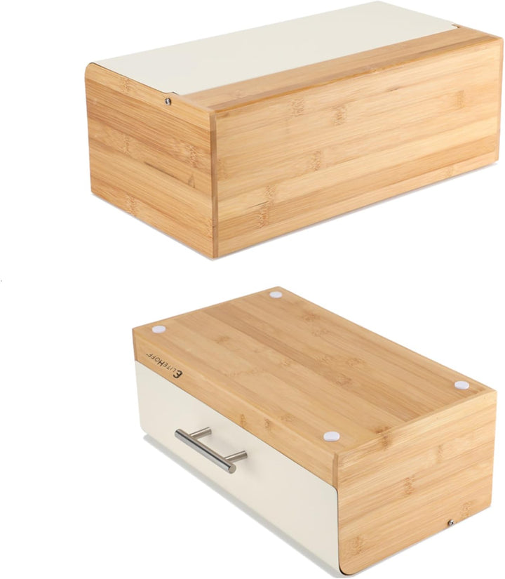 EliteHoff Brotkasten Bambus Metall, Brotbox Rechteckig ca. 36 x 20 x 14 cm, Brotbox mit Klappdeckel,