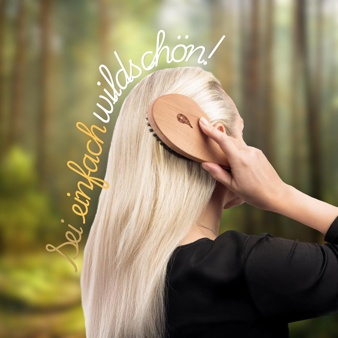 REMOS Natur Haarbürste aus 100% Wildschweinborste mit ergonomischem Griff Rechtshänder Birnbaumholz,