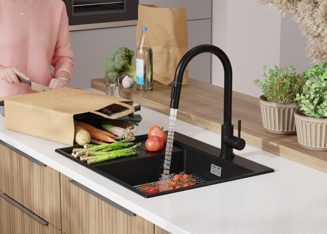 PRIMAGRAN Spülbecken Alles Schwarz 62x50cm, Granitspüle 1 Becken + Ablauf-Set, Küchenspüle ab 45er U