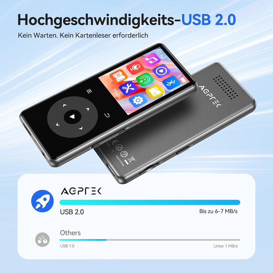 AGPTEK MP3 Player mit Bluetooth, 1,8 Zoll MP3-Player mit Lautsprecher, Kopfhörer & FM-Radio, HiFi-So