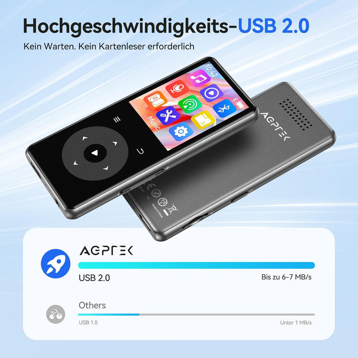 AGPTEK MP3 Player mit Bluetooth, 1,8 Zoll MP3-Player mit Lautsprecher, Kopfhörer & FM-Radio, HiFi-So